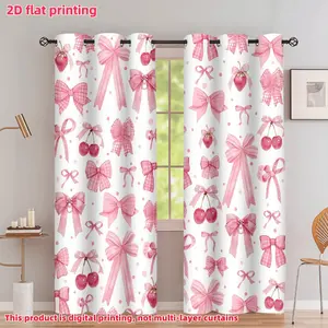 2D Flat 2Pcs Romantic Pink Bow & Cherry Print Curtains, Window Drapes for Bedroom, Living Room, Semi-Shade Privacy Protecting Treatment Panels, Home Decor, Accessory, Anti Privacy, Home Decoration Curtain