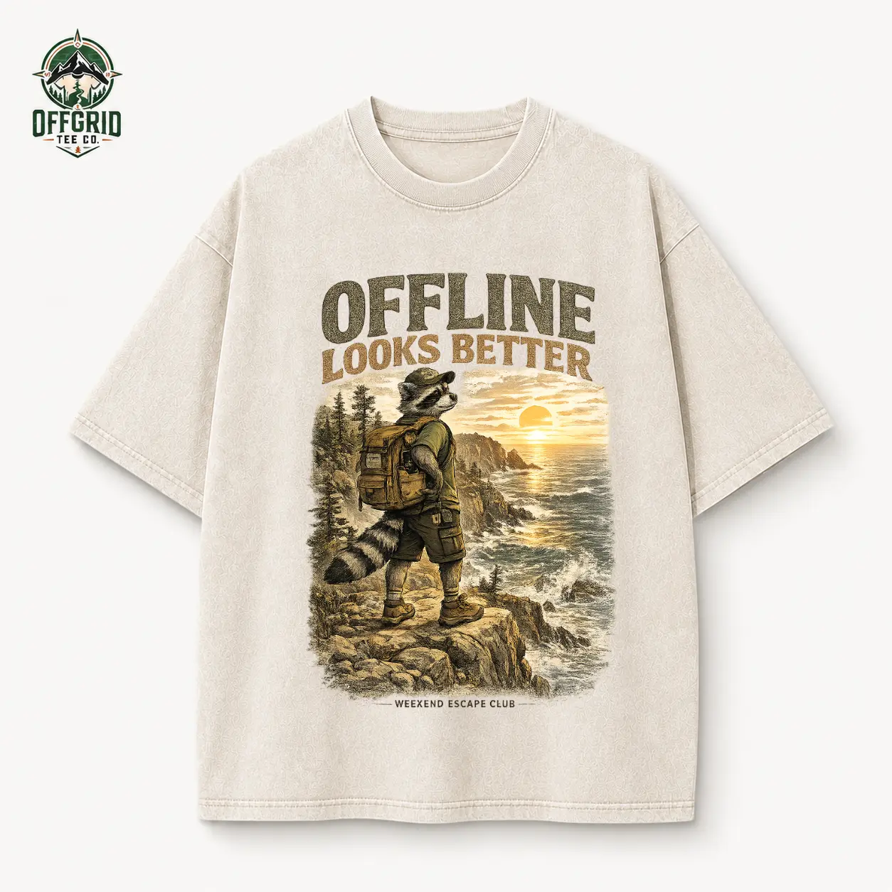 Offline Looks Better Raccoon Coastal Hiking T-Shirt, Vintage Ocean Cliff Graphic Tee, Off Grid Adventure Shirt, Nature Lover Gift, Casual Outdoor Top