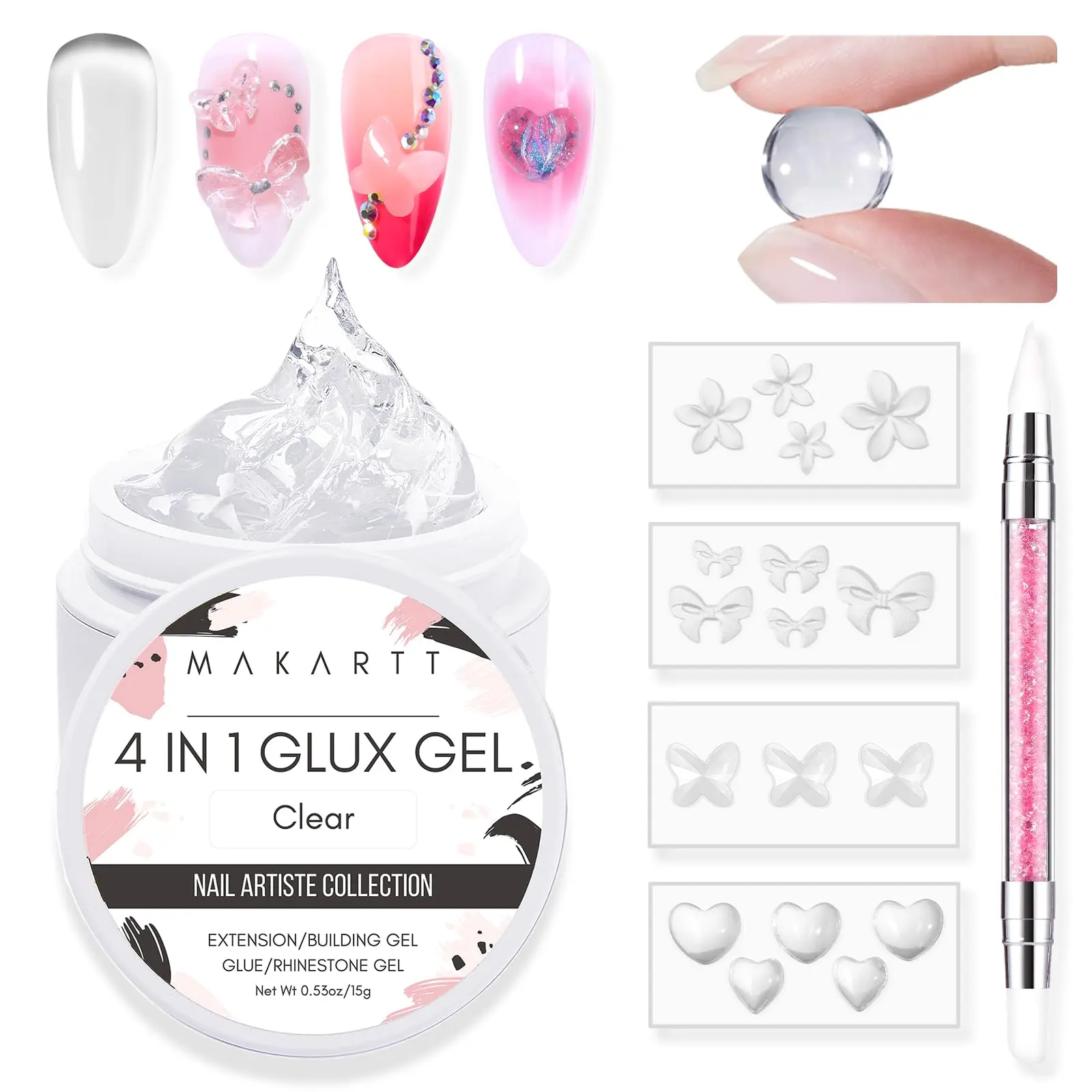 Makartt Solid Gel Builder Mini Kit for 3D Scupting DIY-15ML 4 in 1 Nail Extension Gel,4 pcs Silicone Molds,1 Sculpting Brush,UV Glue for Acrylic Nails Rhinestones Gel Molding Manicure Hard Gel Kit Nail Art Nail Care