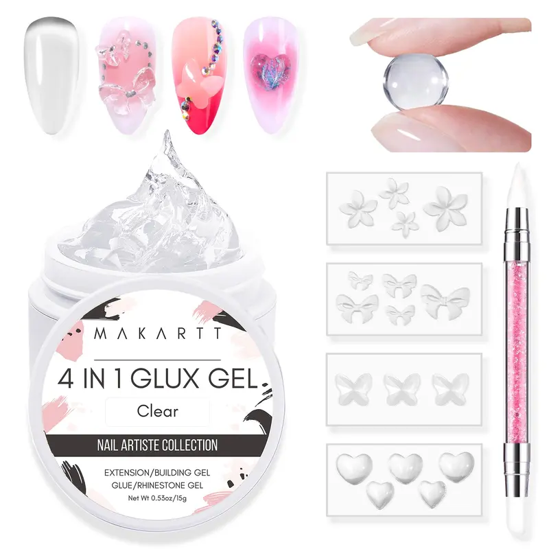 Makartt Beginner-Friendly Solid Gel Builder Mini Nail Kit - 15ML 4-in-1 Multi-Use Gel, 4 Silicone Molds, 1 Sculpting Brush, UV Glue for Adults’ 3D Nail Decor, Long Lasting Low Mess Process Easy-Remove Manicure Care