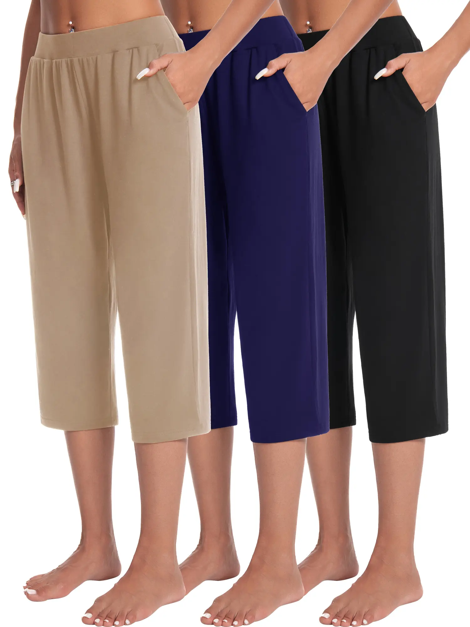 3pcs Women's High-Waist Capri Pants - Relaxed Fit, Mid-Calf Lounge & Yoga Joggers with Pockets, Breathable Polyester Blend, Machine Washable - Perfect for Summer Casual Wear in Beige, Navy, and Black
