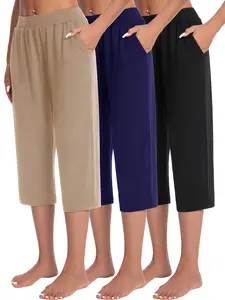 3pcs Women's High-Waist Capri Pants - Relaxed Fit, Mid-Calf Lounge & Yoga Joggers with Pockets, Breathable Polyester Blend, Machine Washable - Perfect for Summer Casual Wear in Beige, Navy, and Black