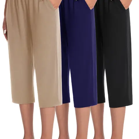 Women's 3pcs High-Waist Elastic-Waist Loose-Fitting Knee-Length Capri Pants - Stretch Polyester Blend Casual Sports Trousers with Pockets, Breathable Lounge Bottoms, Machine Washable Plus Size Summer Outfit (Beige, Navy, Black)