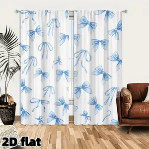 2D Flat 2Pcs Blue Bow Pattern Sheer Curtains, Watercolor Ribbon Design Window Drapes, White Semi Transparent Polyester Fabric, Rod Pocket Top, Modern Light Filtering Panels for Living Room Bedroom Kitchen Balcony Decor, Elegant Home Decoration Curtain