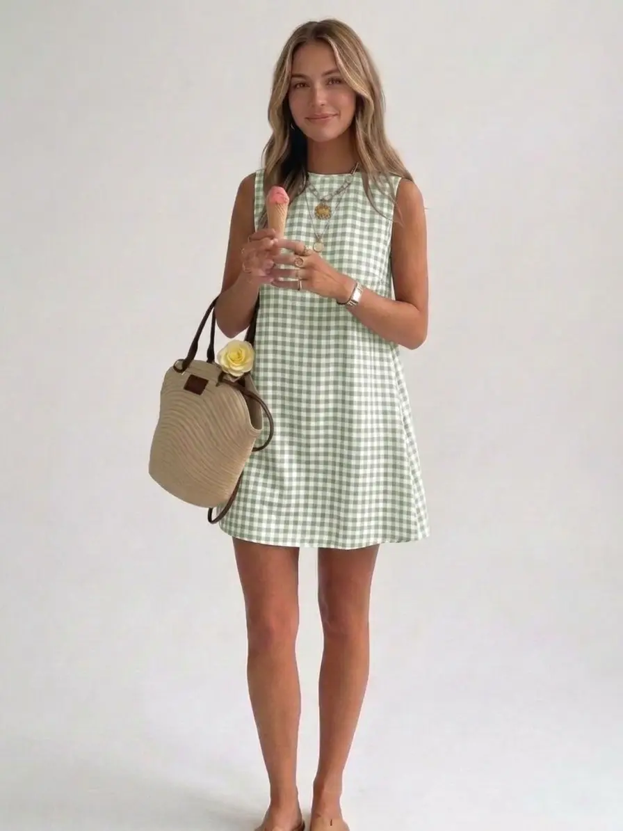 IDEALSANXUN Women's Retro Gingham Plaid Sleeveless Sundress - Crewneck/Spaghetti Strap, Cotton Casual Wear Piece, Cute Clothes for Women, Spring Summer Beach Dress with Buttons - TikTok Shop IDEALSANXUN Women's Retro Gingham Plaid Sleeveless Sundress - Crewneck/Spaghetti Strap, Cotton Casual Wear Piece, Cute Clothes for Women, Spring Summer Beach Dress with Buttons - TikTok Shop