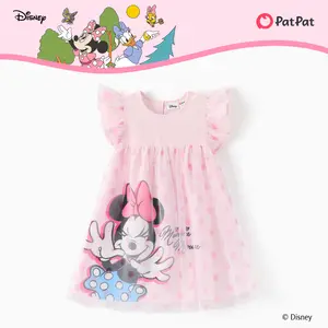 Disney Minnie Mouse Girls Tulle Dress - Pink Polka Dot Ruffle Sleeve Dress for Kids, Official Minnie Mouse Character Dress for Toddlers & Little Girls, Casual Party A-Line Dress