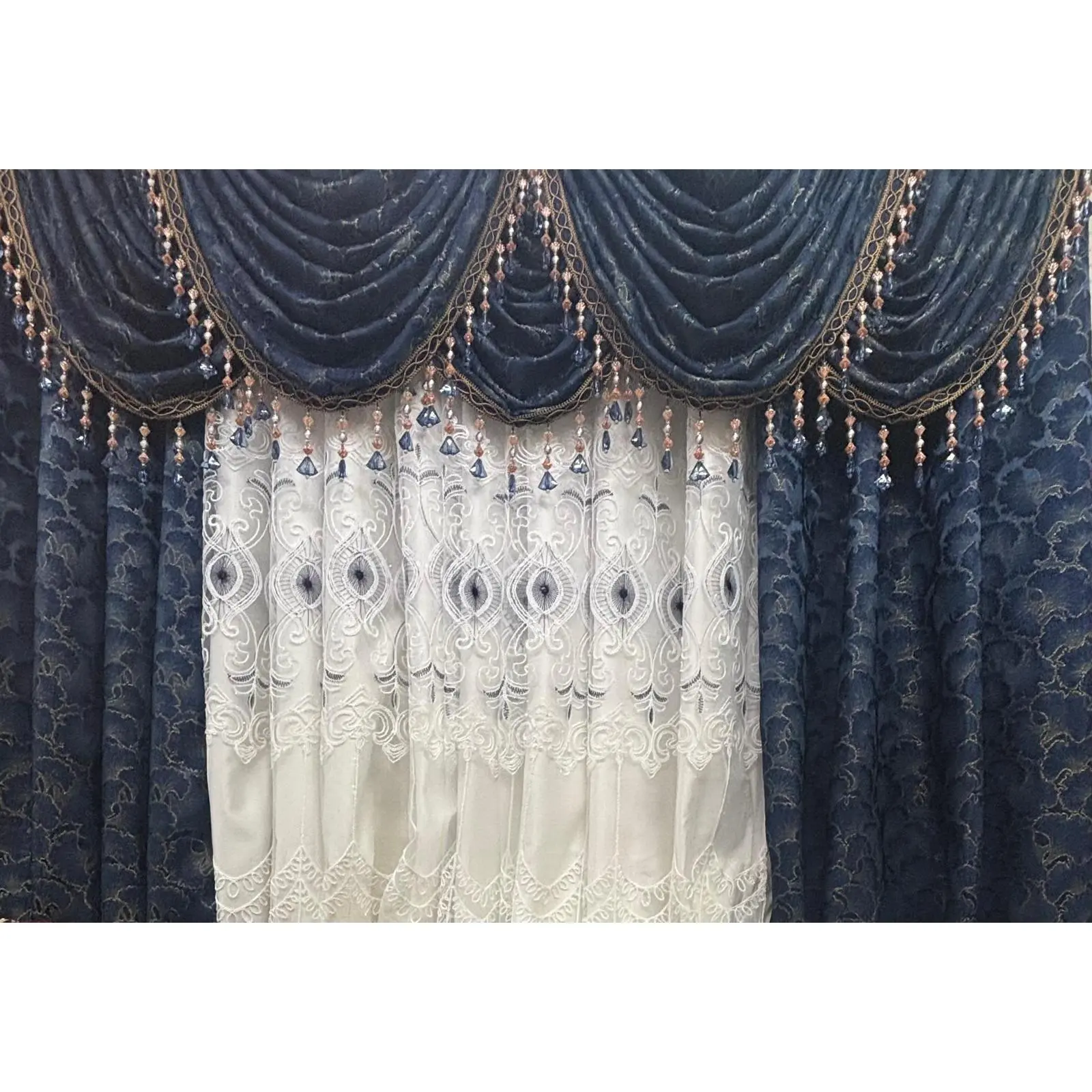Luxury Stefania Navy 11PC Curtain Set with Elizabeth Embroidered Curtains