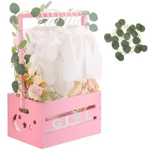 Wooden Baby Shower Crate Closet Forest Theme Baby Shower Storage Basket Easy Assembly Wooden Crate for Baby Shower Gifts with Baby Hangers Welcome Gift Basket for Newborn Pregnancy Gifts for New Parents