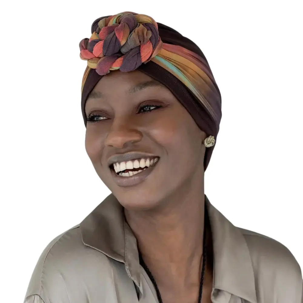 Women's Daisy Style Chemo Cap with Attached Scarf, Golden Fire Contrasting Print, 95% Silky Cotton, Double-Layered Long Headwear, 21.25-22.5 in, Breathable & Soothing Fit, Fully Covers Hairline