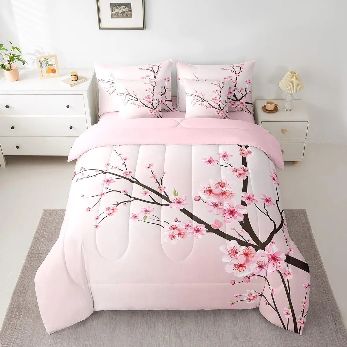 Cherry Blossoms Bedding Set Sakura Branch Comforter Set 7 Pieces Pale Pink Bed in a Bag Japanese Spring Bed Set with Comforter,Sheet Set,Pillowcases,Pillow Covers
