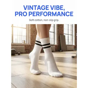 Women's Cotton Non-Slip Yoga Socks with Grip Pads, Striped Mid-Calf All-Seasons Socks for Pilates, Ballet Barre Workouts