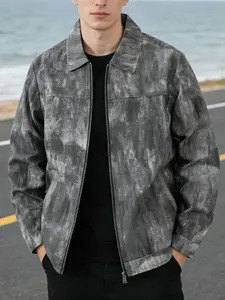 Men's casual jacket, zipper closure - lapel design, 100% polyester fiber, fashionable tie dye distressed fabric, machine washable, easy to maintain, suitable for daily leisure, work and travel wear - spring and autumn seasons