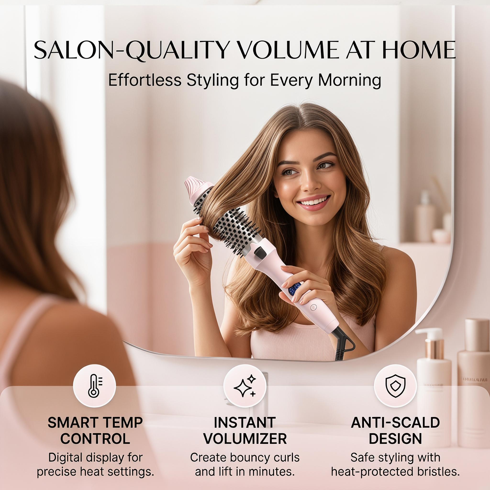 1.5-Inch Ionic Heated Styling Brush with 11 Heat Settings – Fast Smoothing & Natural Waves for Fine to Medium Hair (Pink)