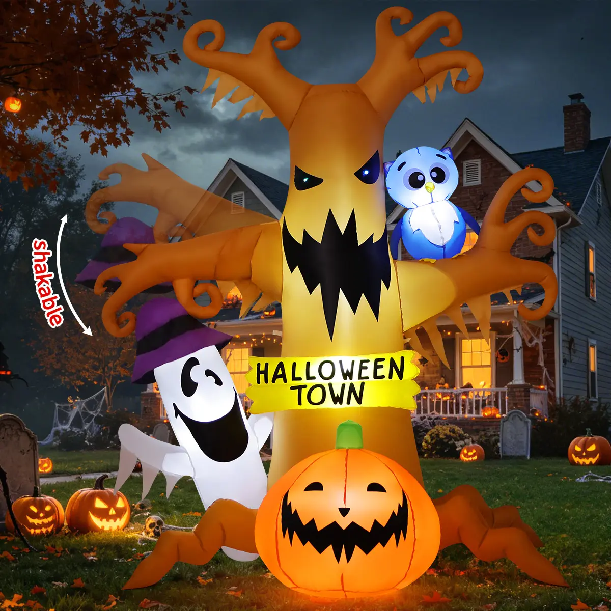GOOSH 8 FT Waving Halloween Inflatables Dead Tree Outdoor Decorations with Owl Ghosts and Pumpkins, Blow Up Yard Decorations with Built-in LED Lights for Outdoor Party Garden Lawn Decor