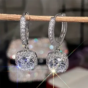 Fashionable And Dazzling Square Zircon Women'S Earrings, DDES0066 Light Luxury Style For Commuting, Ear Hooks