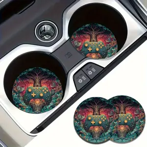 2 Game Coasters- Fantasy Forest World Design with Controller Tree Pattern, Waterproof PU Non-Slip Car Cup Holder, Spill-Proof Cup Rack, Car Interior Decoration(Round 2.75inch, Drink Coaster, Spillproof Holder, Gaming Theme, Decorative Coaster