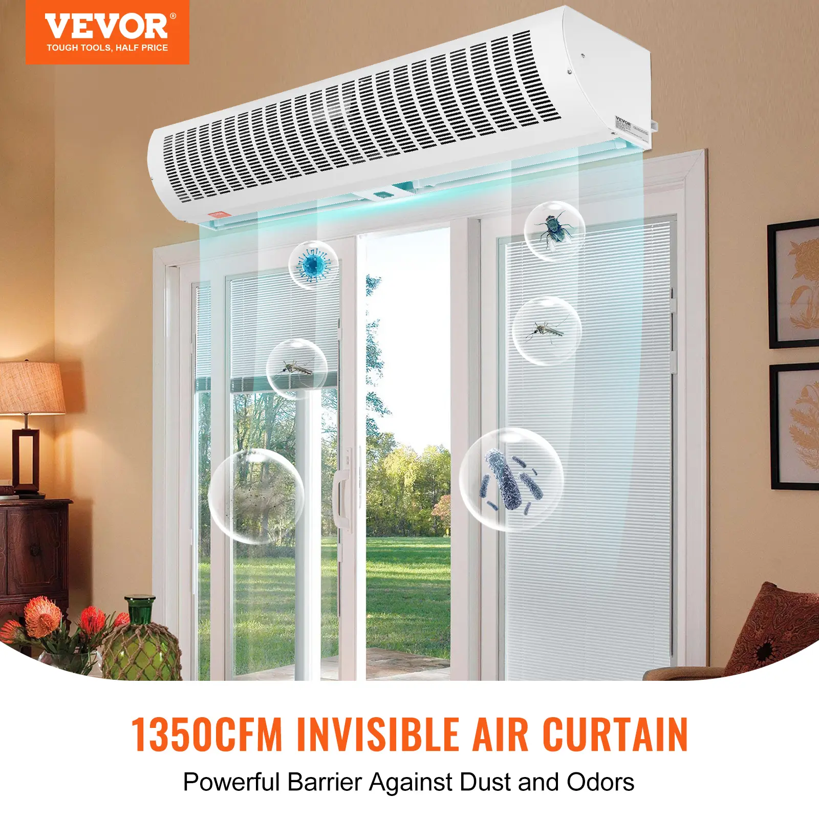 【summerfinds】VEVOR 42-in Powerful Commercial Metal Motor Indoor Air Curtain Dust Barrier, 1350 CFM Wall-Mount Fan, 2-Speed Over Door Fan, Heavy Duty Limit Switch, Easy-Install 110V Unheated for Doors