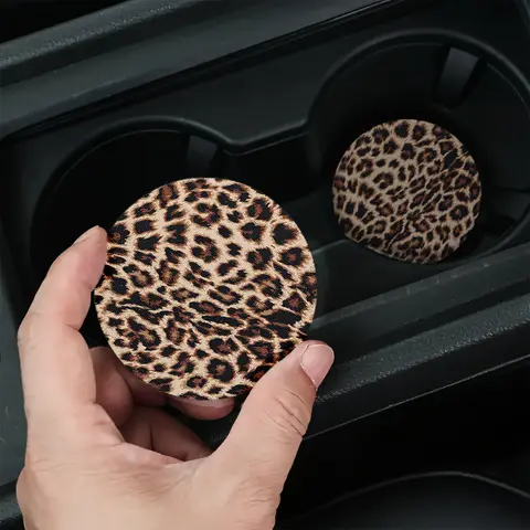 Leopard Print Car Coasters-2/4pcs Beautifully Packaged, Easy to Clean, Christmas or Birthday Gifts,Suitable for Both Men and Women, Car Interior Accessory, Car Interior Decor, Leopard Car Accessories
