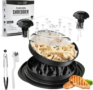 Large Chicken Shredder with Transparent Lid, Brush & Tongs - 10" Handheld Meat Shredder Tool Twist for Chicken, Turkey, Beef, Pork and More - Dishwasher Safe