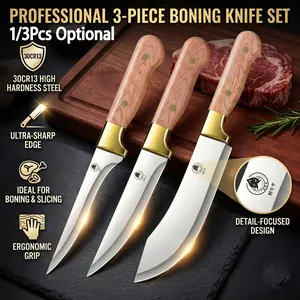 Professional Three-Piece Butchering Knife Set with Leather Sheaths, Kitchen & BBQ Meat Carving Knives, Multi-Functional Bone Removal Tools