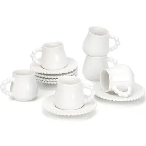 Coffee Cup Set of 6 with Saucers, 3.5 OZ Ceramic Espresso Cups, Elegant Deco Turkish Coffee Cup Gift for Cappuccino, Latte, Cafe Mocha and Tea, Dishwasher & Microwave Safe (Pearl White)