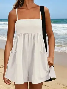 BODYGOLD Women Casual Romper Sleeveless Square Neck Playsuit Loose Fit Wide Leg Short Jumpsuit Lightweight Breathable Lounge Outfit Beach Vacation