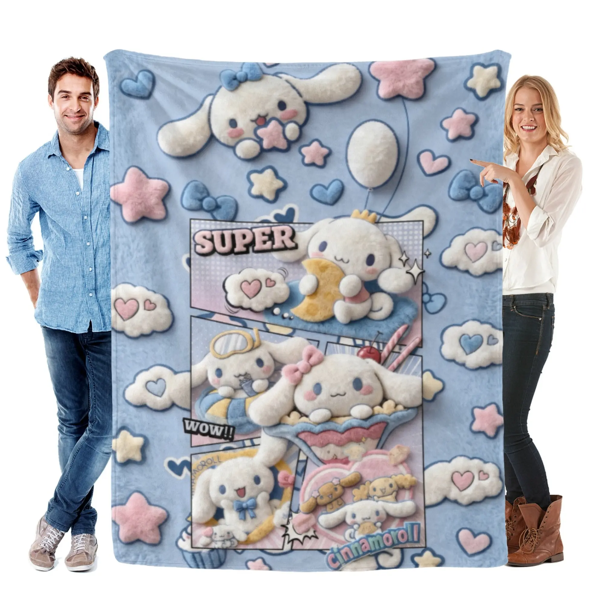 [SummerVibes] SANRIO CLASSIC Cinnamoroll Soft Flannel Blanket, Blue Comic 2D Print Cozy Throw for Bed, Couch, Office Nap & Outdoor Sports Multi-Purpose