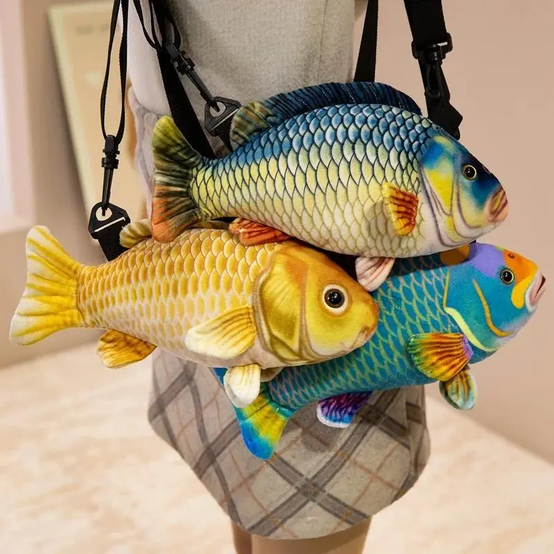 30CM Simulated Fish Plush Crossbody Bag 3D Printed Koi Fish Crucian Carp Parrotfish Stuffed Fish Toys Coin Purse