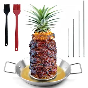 Al Pastor Skewer for Grill:  13" Stainless Steel Vertical Skewer, Brazilian Spit Stand with 4 Spikes, 2 Brushes, for Tacos Al Pastor, Shawarma, Kebabs, with  Separator Tray