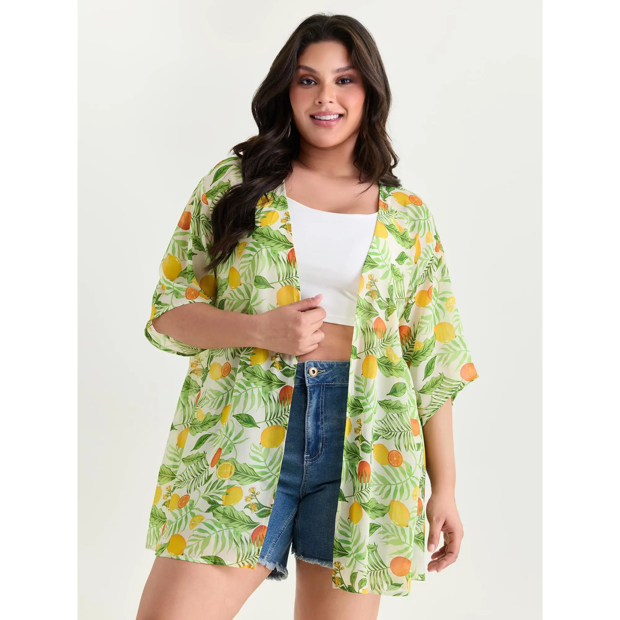 BloomChic Plus Size Citrus Print Resort Swimsuit Coverup, Women's Open-Front Polyester Beachwear, Machine Washable, Swimwear Coverups, Cover Ups Swimsuits, Polyester Fits, Lightweight Cover Up, Bathing Suit Coverup, Polyester Clothes