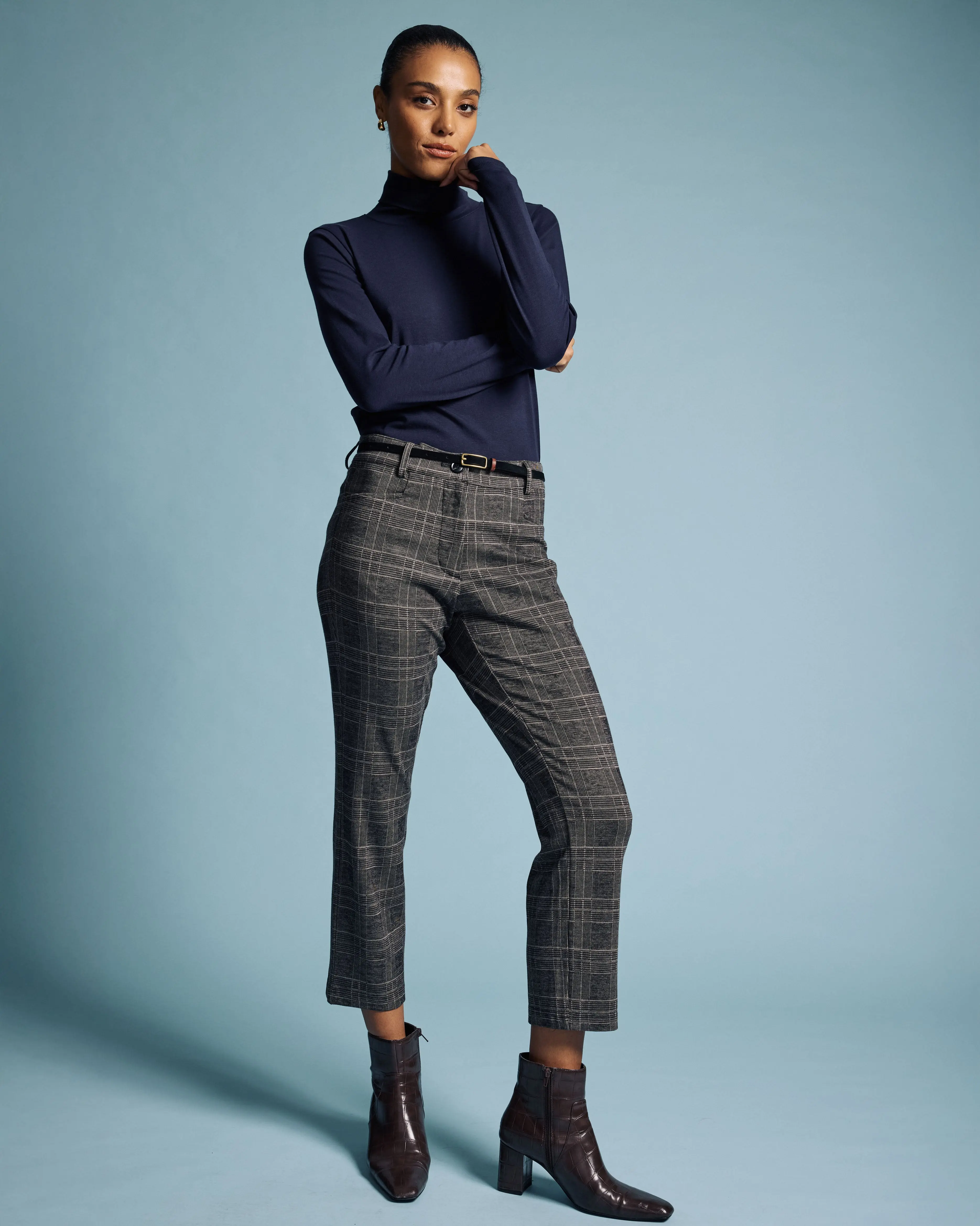 Women's British Plaid Ponte Cigarette Pants, Bottom with Button Accents, Pair with Sweaters for Stylish Leg Coverage