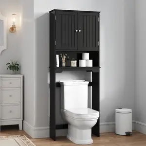 Over the Toilet Storage Cabinet, Bathroom Storage Cabinet Over Toilet with Double Doors and Adjustable Shelf, Freestanding Toilet Rack for Bathroom, Black