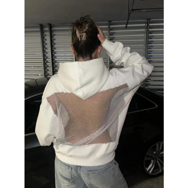 Women Mesh Back See Through Hoodies Sweatshirts Long Sleeve Sequin Fishnet Sheer Back Pullover Backless Jumper Top with Pocket
