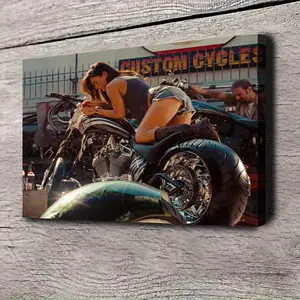 1 Piece Megan Fox Riding Motorcycle Poster - Black Action Pose - Wrapped Canvas Frame - Ready-to-Hang Wall Decor for Home, Office, Cafe - Bold Motorcycle Woman Art Print - Perfect Gift for Motorcycle Enthusiasts - 2D Graphic Design, Modern art design