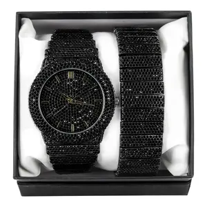Men's Black Watch Gift Set Round Luxury Chandelier Hip Hop Full Iced & Bracelet Luxury Casual Analog