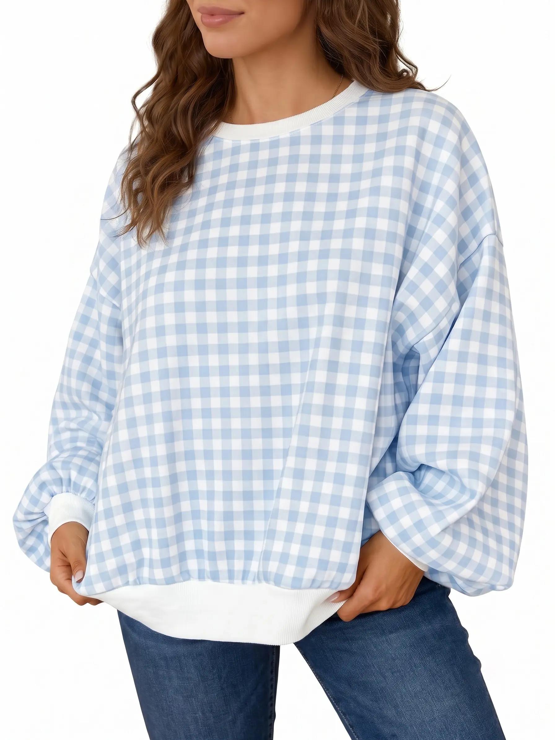Women's Plaid Sweatshirt Casual Crewneck Long Sleeve Oversized Pullover Tops Gingham Shirts