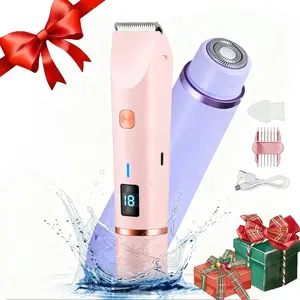 2-in-1 Women’s Bikini Trimmer & Electric Shaver, Dual-Head Facial & Body Epilator, Painless Pubic Hair & Underarm Removal, IPX7 Waterproof, USB Rechargeable Razor for Bikini, Legs, Arms & Face