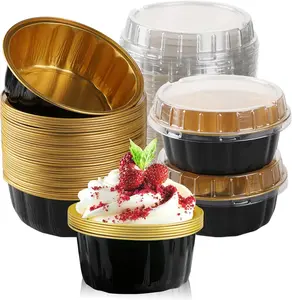 100 count 8 oz  Foil Cup with  Disposable Ramekins with  Disposable Ramekin Baking Cups Foil Cupcake Containers for Wedding, Christmas, Kitchen, Party (Black, , 8 oz)