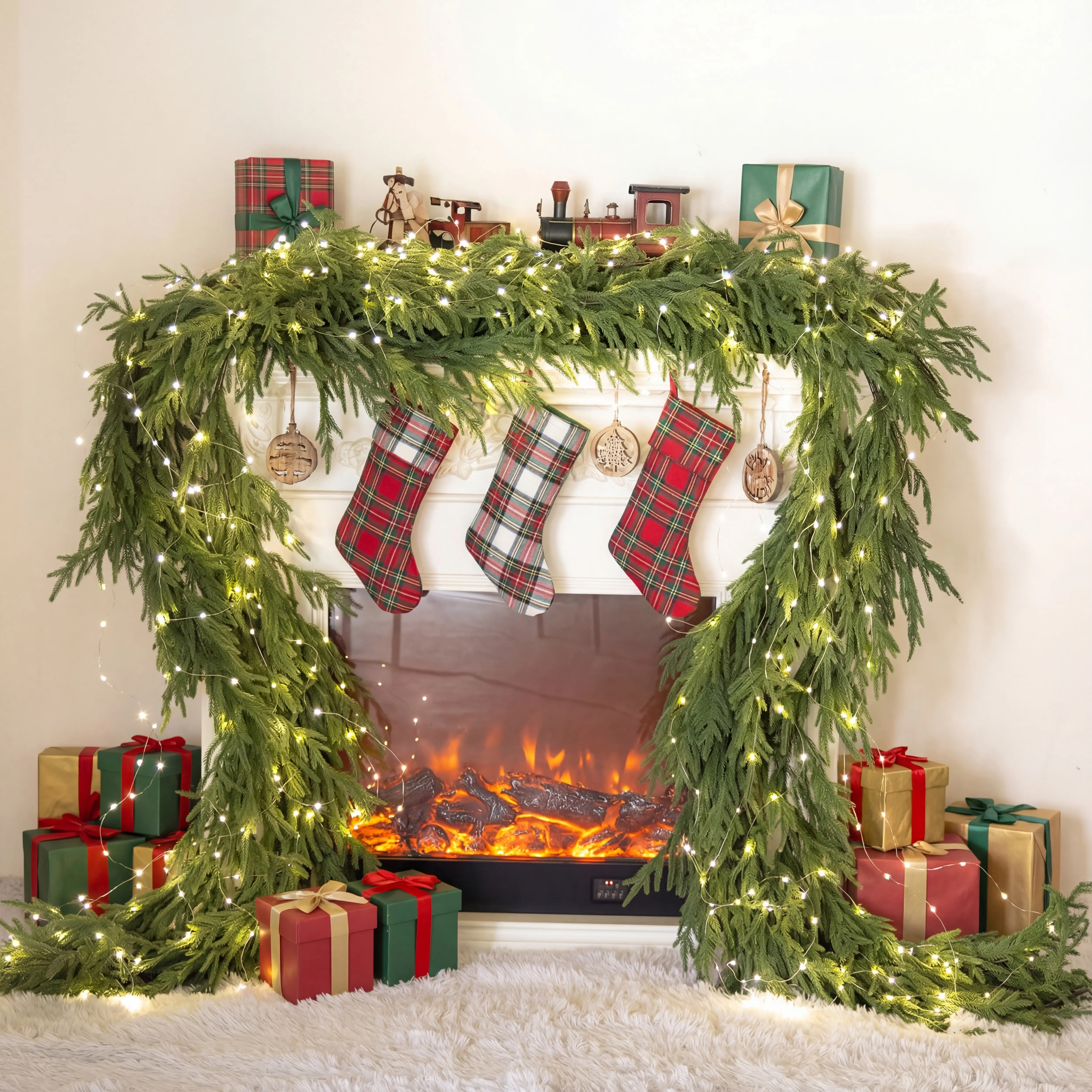 Clylaloor 6FT/9FT/14 Artificial Norfolk Pine Garlands, Real Touch Winter Pine Garland, Green Artificial Greenery Garland for Table, Mantle, Wall, Indoor, Outdoor Christmas Decorations