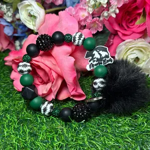 Mama B wristlet keychain color scheme black, Emarld green, Buffalo print and  bling beads Made with wire