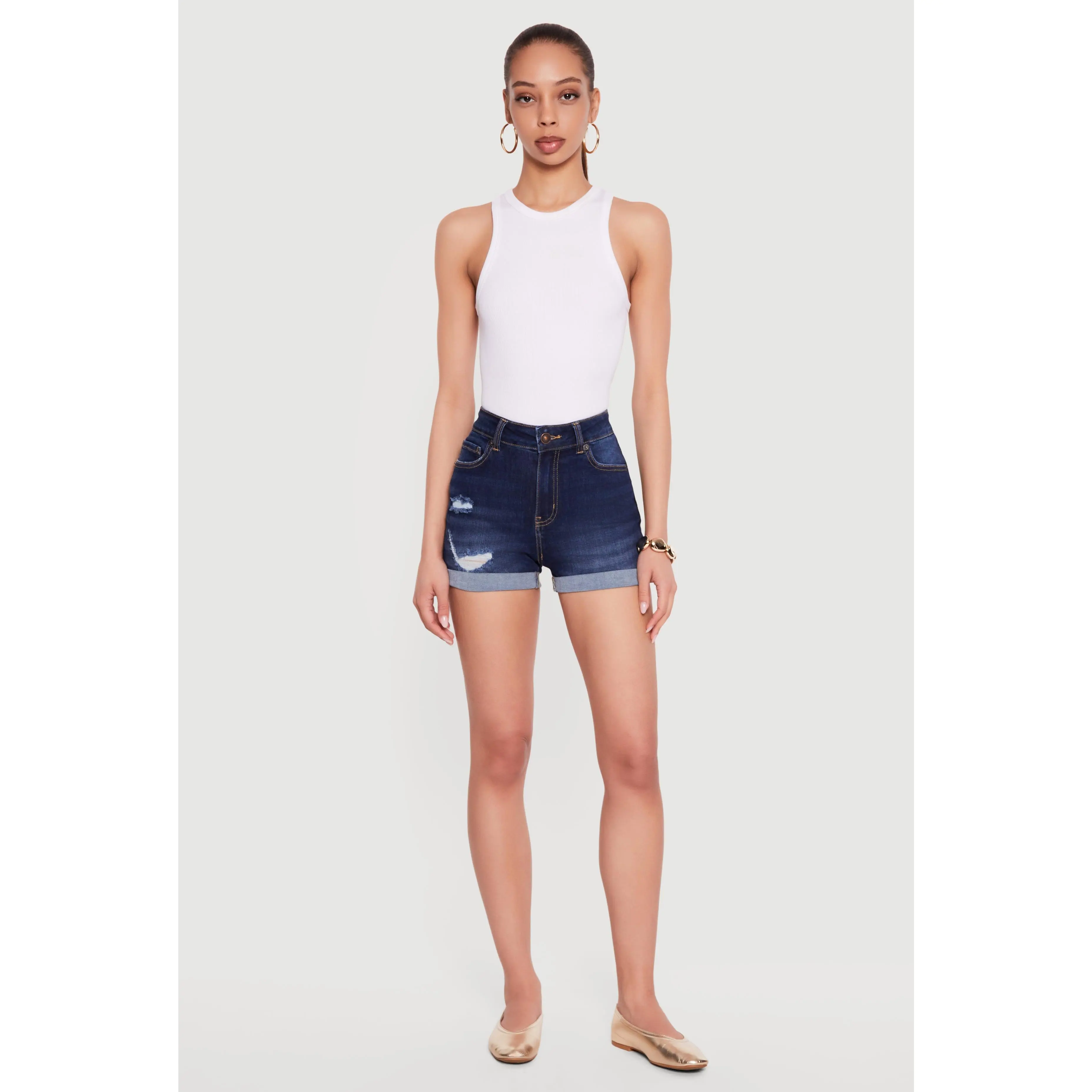WAX Distressed Fixed Cuff Denim Shorts