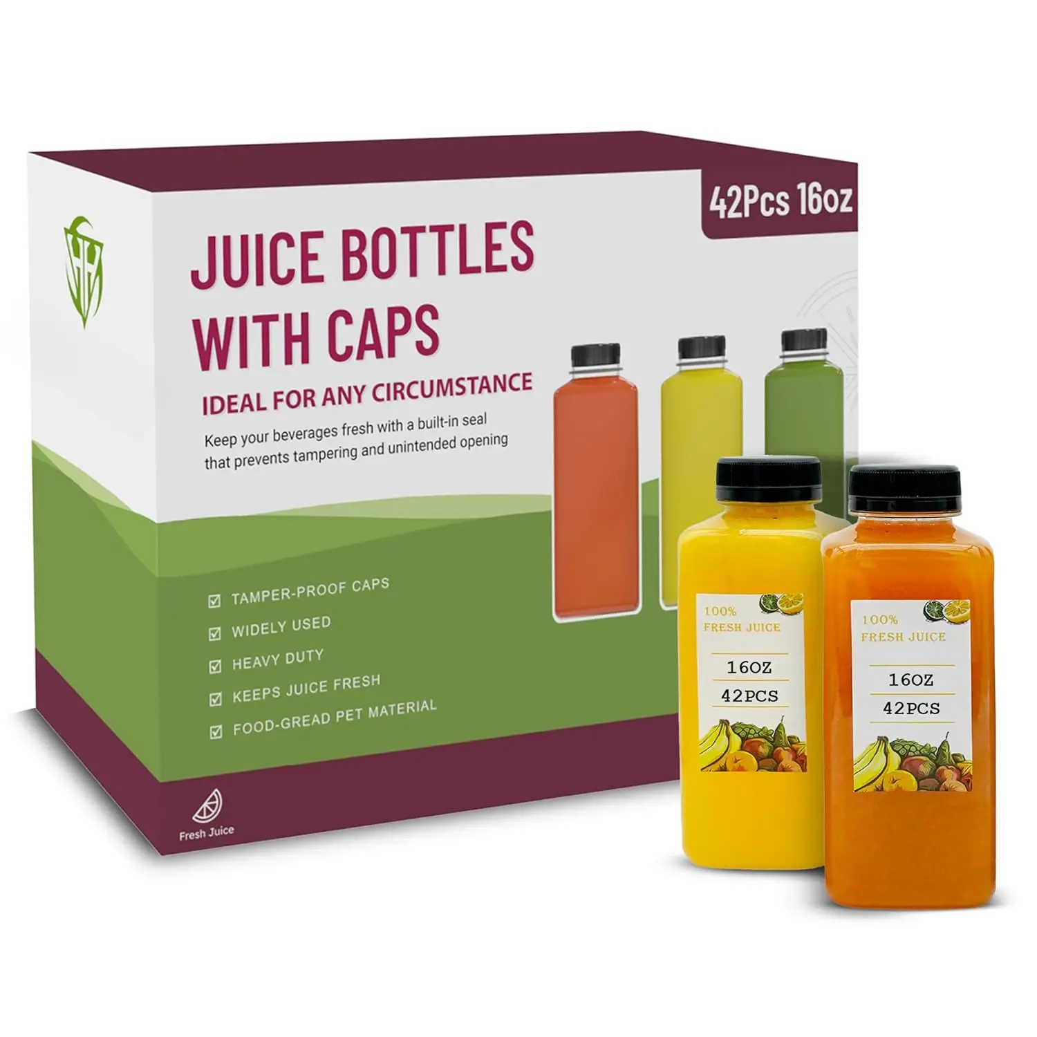 Modern 42-Count 16oz PET Plastic Juice Bottles Pack with Tamper-Evident Caps, Safe Compact Lightweight Black Storage Set for Juicing, Water, Brush
