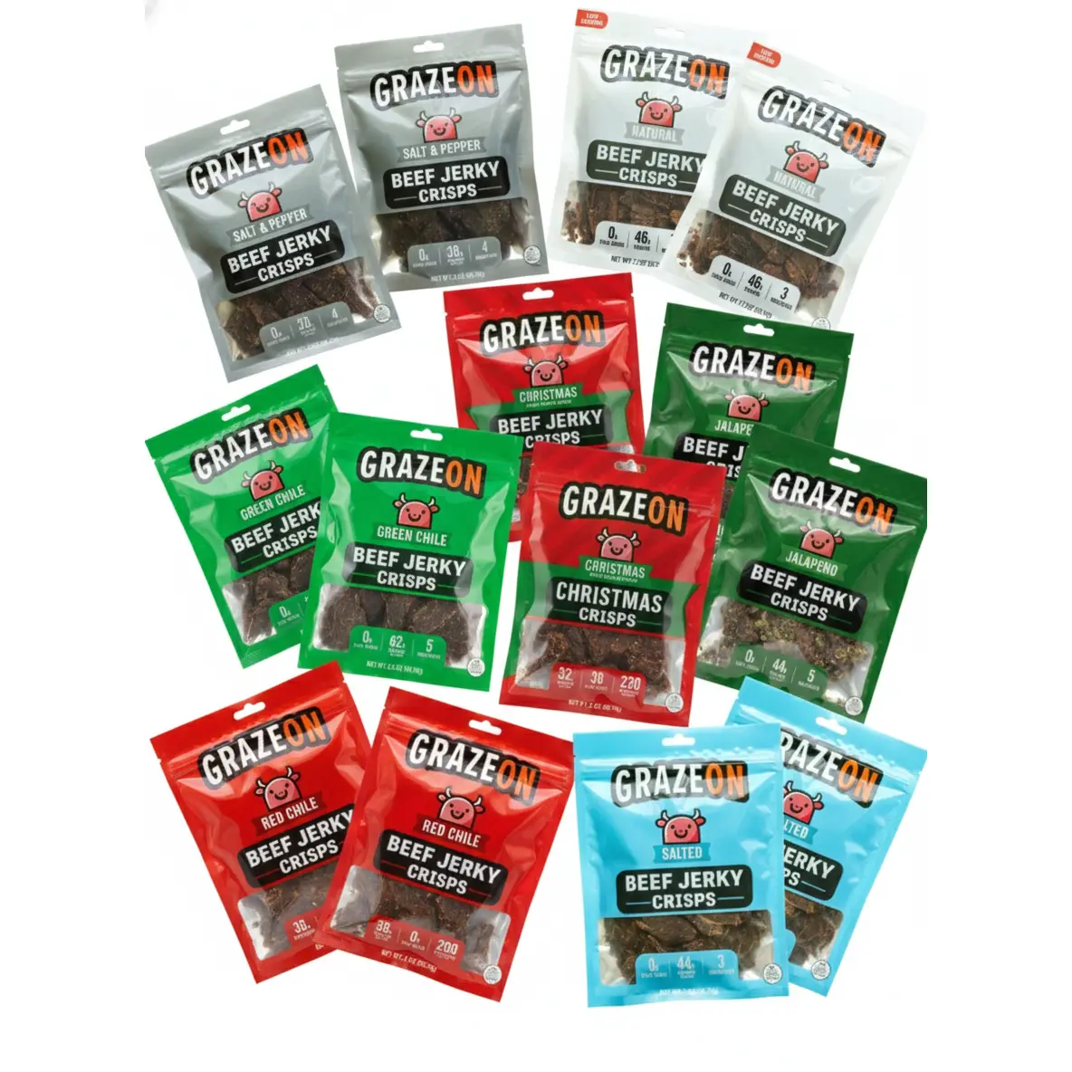 Max Value - 14 Bag Variety Pack of GrazeOn Beef Jerky Crisps- High Protein, No Sugar, Crunchy Air-Dried Meat Snack, All-Natural - 14 x 2.0 oz Bags