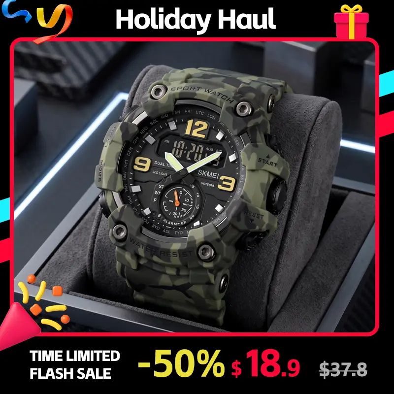 SKMEI Men's Camo Military Digital-Analog Sport Watch with Sporty Look, 2-Tone Big Face Wristwatch, 50M Water Resistant, Dual Time Zone, LED Backlight, Outdoor Gift for Him