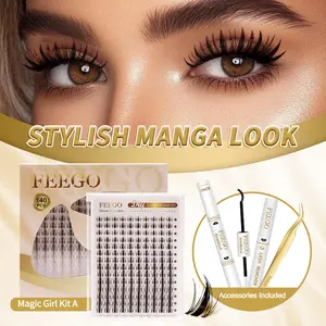 FEEGO Lashes Magic Girl Kit Manga Anime 140pcs Lashes Cluster C Curl Individual False Eyelashes Extension Natural Look Bond Seal Remover Clear Band 8-18mm