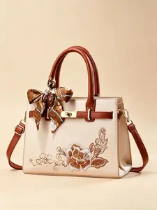 Ladies' handbag, high-end design embroidered ladies' shoulder bag, made of high-end leather, embroidered with floral patterns, decorated with scarves, large internal space, suitable for various occasions, Elegant commuter bag, Elegant fashion handbag