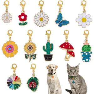 12 Styles Vegetative Collar Pendants for Cat Dog Alloy Enamel Cacti Pet Collar Pendants Clip-on Butterfly Flower Pet Collar for Bag Keychain Jewelry Making Training Home Decor