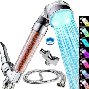 LED Handheld Shower Head Set with Filtration, Automatic 7-color Changing Shower Head Kit, High Pressure Handheld Shower Head with Hose and Bracket, Water Saving Showerheads with Filtration Beads