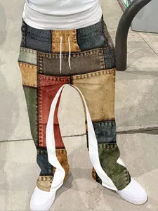 Vintage feeling of "making old denim patches", Y2K retro color block splicing casual pants, men's high street retro printed flared pants - all season styles, "workwear casual" fashion trend, trendy or personalized clothing, light industrial clothing style