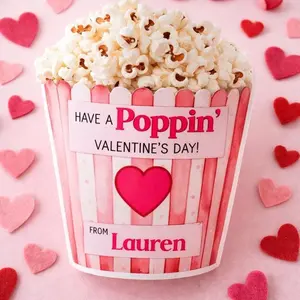 Valentine Popcorn Stickers, Kids Classroom Valentines, Poppin' Valentine Labels, Die-Cut Popcorn Bag Stickers